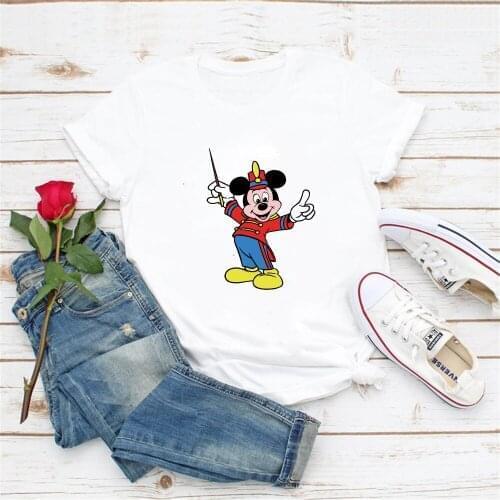 Mickey Mouse Printed T Shirts For Women Girls Summer Short Sleeve Casual White O-neck Tee Shirts Cute Cartoon Tops