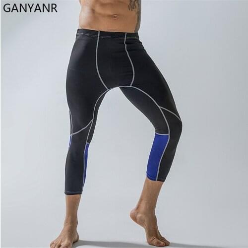 GANYANR Running Tights Men Compression Pants 3/4 Leggings Gym Sportswear Fitness Sexy Basketball Yoga Training Exercise Football
