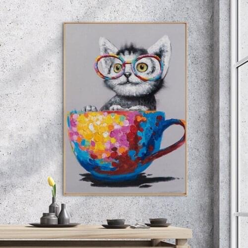 Graffiti Art Cartoon Cup and Cat Animal Canvas Painting Abstract Posters and Prints Wall Art Pictures for Living Room Decoration