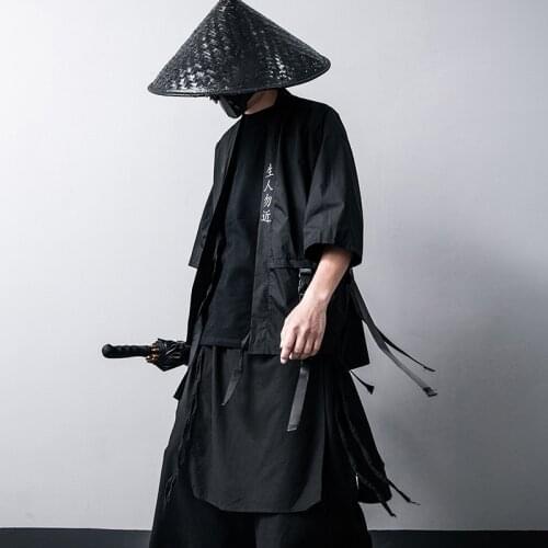 Traditional Japanese Kimono Cardigan Black Cotton Fashion Stage Haori Samurai Cosplay Costumes Chinese Style Coat Streetwear