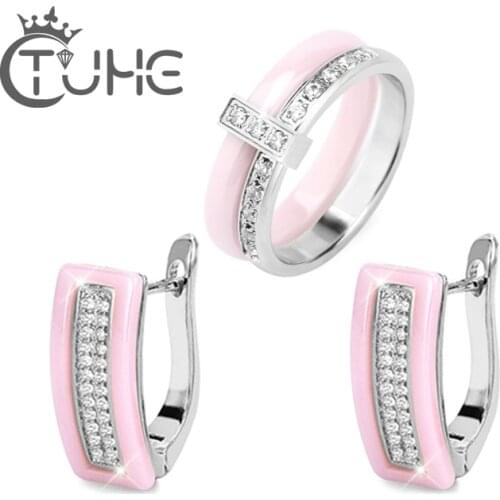 Fashion Ceramic Jewelry Sets For Woman Cubic Zirconia U Shape Russian Earrings Pink Ceramic Rings Statement Bridal Wedding Party