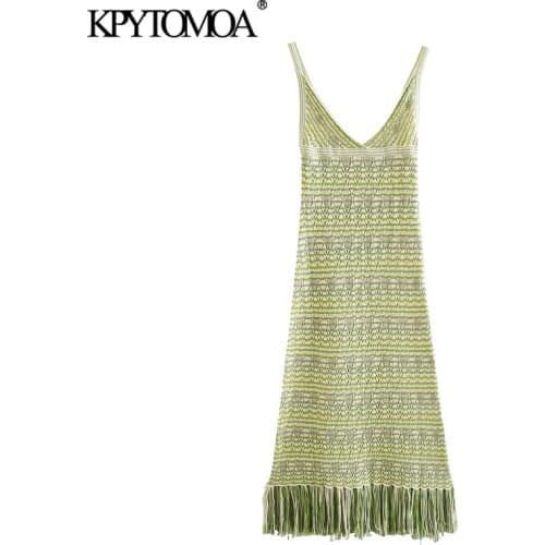 KPYTOMOA Women 2020 Chic Fashion With Tassel Knitted Midi Dress Vintage Backless Fringed Hem Straps Female Dresses Vestidos
