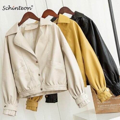 Schinteon Loose PU Faux Soft Leather Jacket Batwing Sleeve Turn-down Collar Moto Biker Street Overcoat Autumn Outwear Fashion