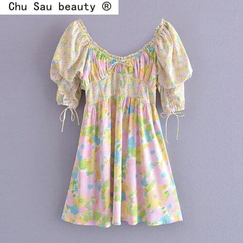 New Fashion Fall Sweet Chic Floral Printed Mini Dresses Women Holiday Style V-neck Backless Dresses Female Puff Sleeve Vestidos