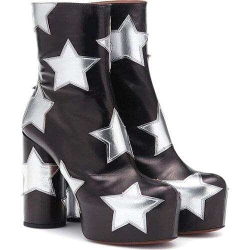 Fashion Patchwork Reflect Silver Five-Pointed Star Ankle Boots Platform Chunky High Heel Martin Boots Woman Catwalk Runway Boots