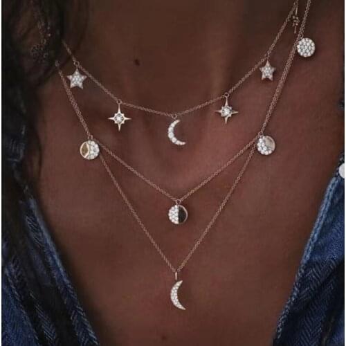 Fashion Personality Womens Necklace Retro Crystal Zircon Moon Five-Pointed Star Multi-Layer Necklace 2021 Trend New Party Gift