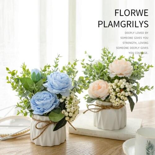 Nordic Artificial Flower Set(Flower+Vase)Ceramic Hemp Rope Vase Rose Artificial Plants Potted Wedding Decoration Fake Flower