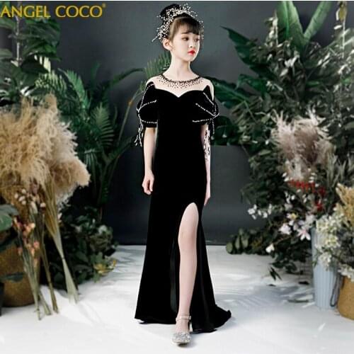 Luxury Customized Girl Dress Child Catwalk Princess Black Mermaid Evening Dress Pageant Party Birthday Gown Children Costume