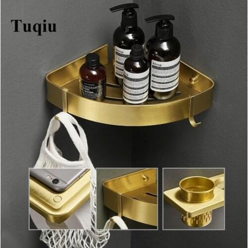 Tuqiu Bathroom Shelf Cosmetic Rack With Single Lever Brushed Gold Bath Corner Basket Wall Mounted Aluminum Bathroom Rack Shelf