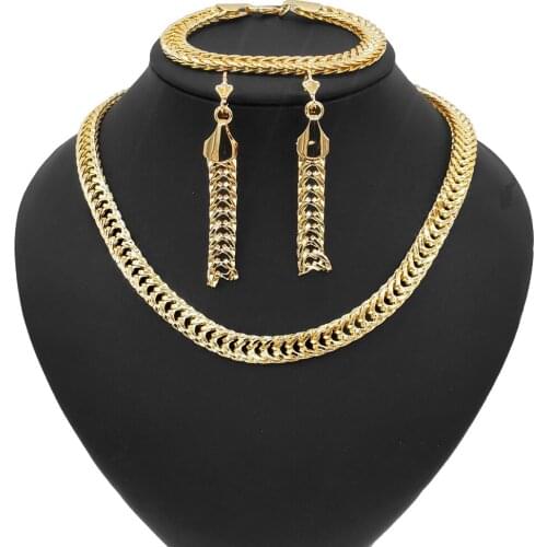 Yulaili Wholesale 24K Brazil Gold Jewelry Set Long Chain Wedding Bridal Necklace Earrings Bangle Ring Jewelry Set for Lady