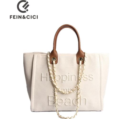 Women designer brand beaded pearls canvas totes handbag large capacity jumbo chain shoulder bag leather handle design beach bag