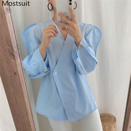2020 Autumn Korean Fashion Women Blouses Shirts Puff Sleeve V-neck One-button Stylish Tops Solid Office Ladies Blusas Femme