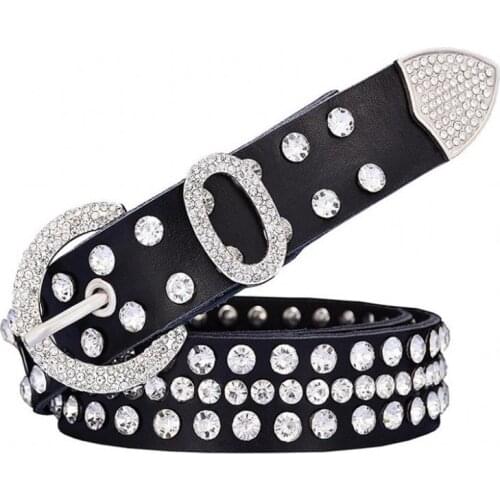 Woman belts genuine leather high quality cow skin female strap fashion designer brand crystal circle pin metal buckle