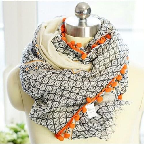 2015 Women Geometry Printed Pompon Trim Scarf Women Fringe Cotton Voile Scarf Wholesale 5pcs/lot Freeshipping