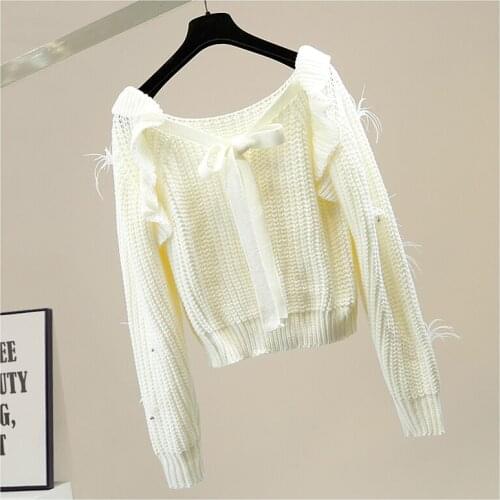 Womens Beads Rhinestone Feather Tassel Lace-up Square Collar Off-Shoulder Sweet Lotus Leaf Short Sweater Crop Top