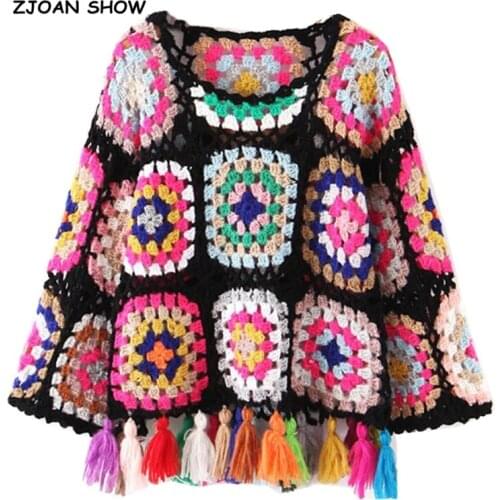 2019 Bohemia Geometric Colored Plaid Hollow Out Hole Sweater Ethnic Retro Women Tassel Lacing Up Knitted Knitwear Jumper femme