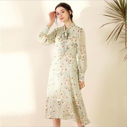 Womens 2021 Mint Color Lace Print Chiffon Over-The-knee Midi Skirt Female Flower Printing Dress Lady Slim Dresses Vestidos