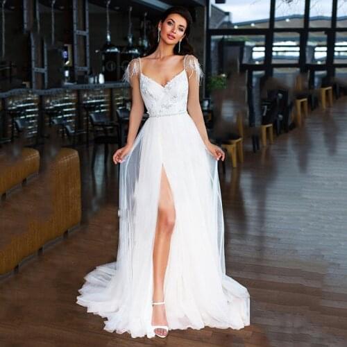 GY SoDigne Luxury A-line Wedding Dress 2021 Sexy Split Tull Beads Belt Feather Bridal Dress Wedding Gowns vestido de novia
