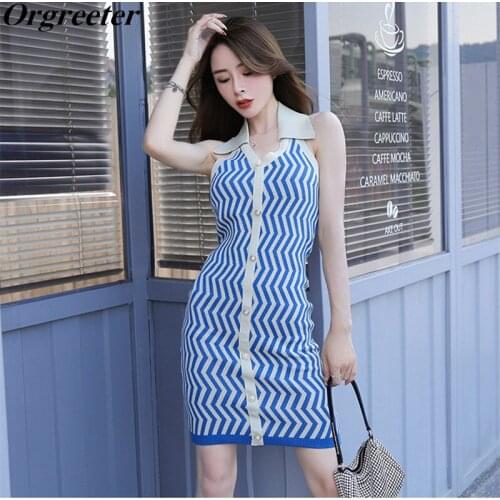 2021 Summer Fashion Single0breasted Striped Halter Knitted Dress for Women Sexy Backless Slim Bodycon Mini Sweater Dress Female