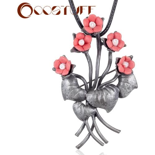 Pink Flowers Vintage Plant Jewelry Women Long Necklace Colors Beads Pendant Chain Black Rope Large Suspension Gifts Alloy 2021
