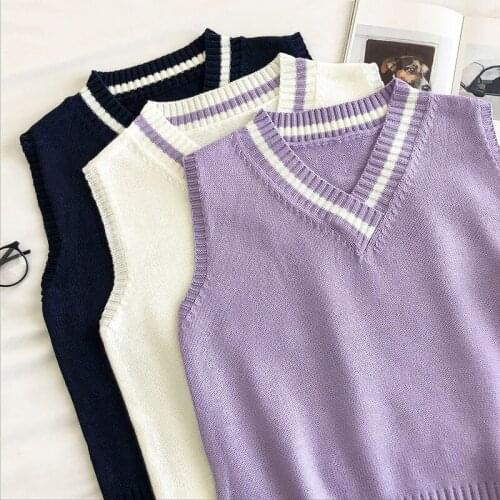 Sweater Vests Women Simple Knitwear Purple White Kawaii Casual Chic Preppy Style Korean All-match Loose Sleeveless Autumn Retro