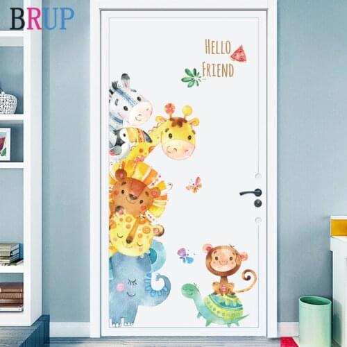 78*127cm Friendly Cartoon Animals Wall Sticker Watercolor Style Door Sticker Elephant Lion Monkey Vinyl Home Decor for Kids Room