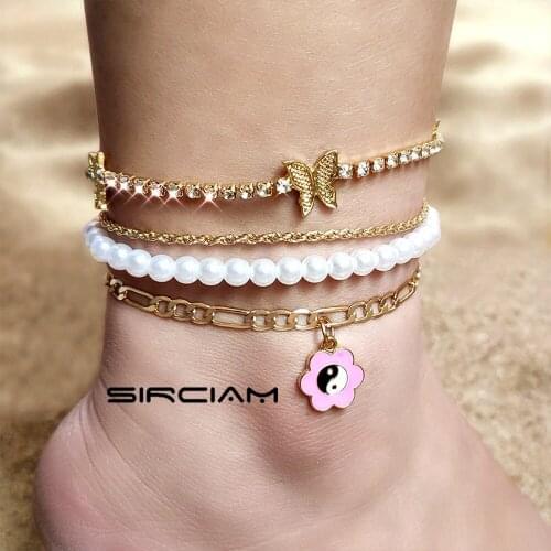 Boho Pink Enamel Flower Pearl Beaded Anklets For Women Crystal Butterfly Ankle Bracelet Layered Tennis Anklet Foot Beach Jewelry