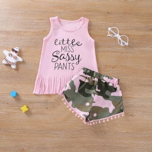 Toddler Infant Girl 2pcs Outwear Clothes Summer Sets Letter Tassel Tops Vest + Camouflage Plush Balls Short Pants Sleeveless
