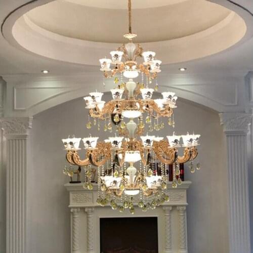 Duplex large chandelier European crystal chandelier alloy living room lamp jade villa three four-layer engineering lamp LED lamp