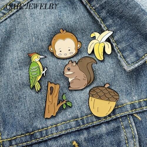 Forest Animal Enamel Pin Squirrel Woodpecker Monkey Brooches Wild Animals Badges Hat Bag Backpack Accessories Gifts for Kids