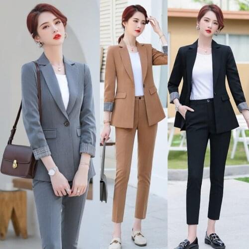 Formal Grey Blazer Women Business Suits with Pant and Jacket Sets Work Wear Ladies Office Uniform Styles OL