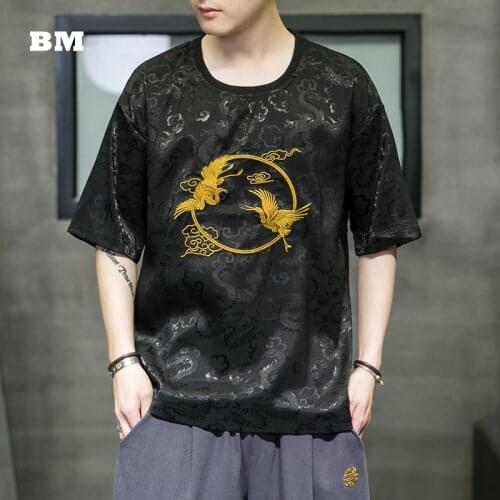Chinese Style Crane Embroidery Oversized T Shirt Men Clothing Summer Casual Harajuku Thin Plus Size Ice Silk Short Sleeve Top