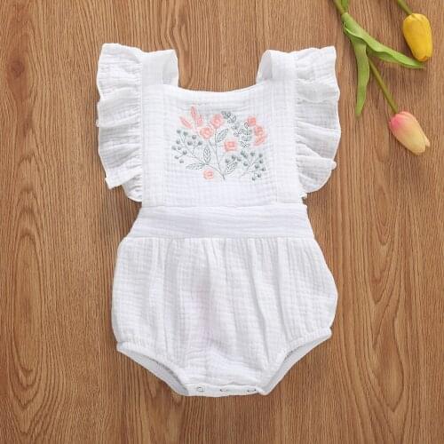Newborn Baby Girls Romper Sleeveless Ruffle Embroidered Flower Loose Jumpsuit Romper Outfit One-Pieces