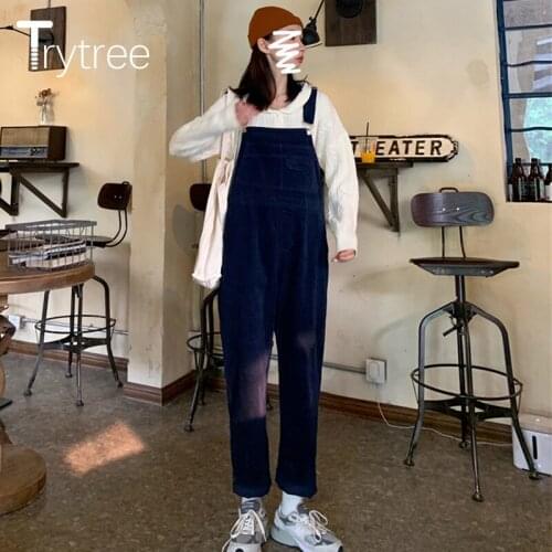 Trytree 2020 Spring Summer Women Jumpsuits Casual Sleeveless Loose Pockets Lovely Corduroy Solid All-Purpose Style Jumpsuits