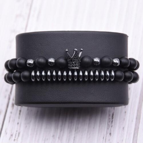 KANGKANG Hot 2019 Trendy Micro Pave CZ Crown Charming 8mm Matte beads stone Bracelets sets for men&women jewelry gifts