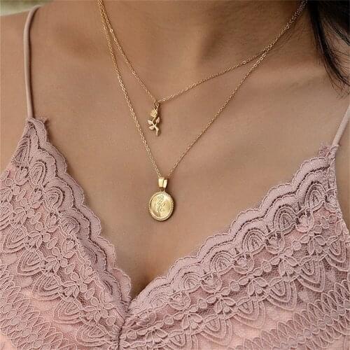 LXY-W 2021 Vintage Fashion Choker Chain Necklace For Women Boho Multilevel Gold Rose Round Coin Pendant Jewelry Gift Wholesale