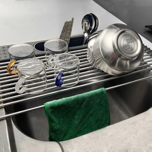 Multi-Use Kitchen Drying Rack Over Sink Roll-up Dish Drying Rack Foldable Fruit Vegetable Meat Organizer Tray Drainer JU32618