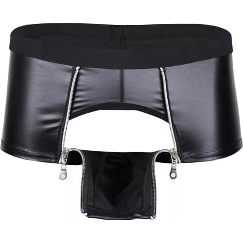 Mens Sexy Zipper Open Crotch Short Pants For Sex Soft Latex Fetish Boxer Crotchless Male Erotic Leather Underwear Bulge Pouch