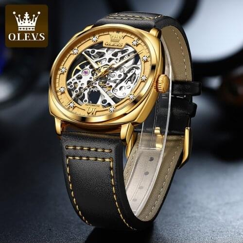 OLEVS Leather Waterproof Mens Tourbillon Skeleton Watches Top Brand Luxury Transparent Mechanical Sport Luminous Male Watch