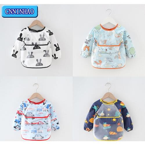 0-36 Months Baby Self Feeding Bibs Bandana Cute Colorful Cartoon Bib Waterproof Infant Eating Children Drawing Long Sleeve Apron