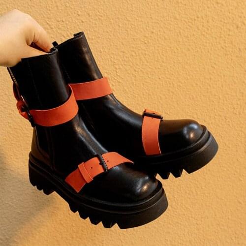 2021 New Mixed Colors Ankle Boots for Women Genuine Leather Platform Concise Design Chunky Heels Boots Working Basic Shoes Woman