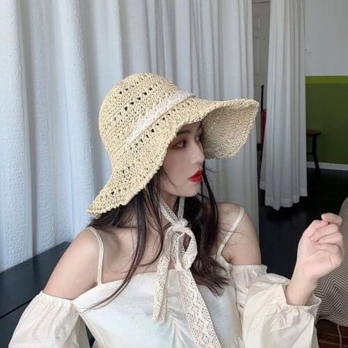 New summer sun shade straw hat, female lace Big Brim hollow sand hat, foldable travel photo hat
