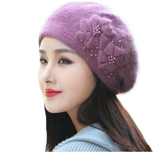 Hat Women Angora Beret Winter Knit Warm Beads Double Layers Thermal Snow Outdoor Skiing Accessory Cap Headwear