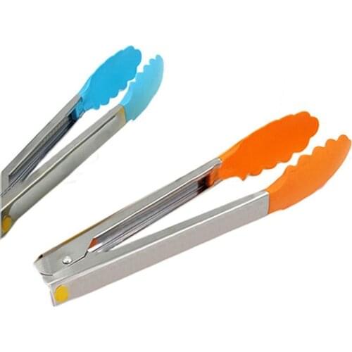 Silicone Cooking Salad Stainless Steel Handle Serving BBQ Tongs Kitchen Utensil
