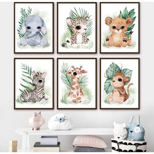 Elephant Giraffe Leopard Lion Zebra Jungle Nursery Wall Art Print Canvas Painting Nordic Poster Decor Pictures Baby Kids Room