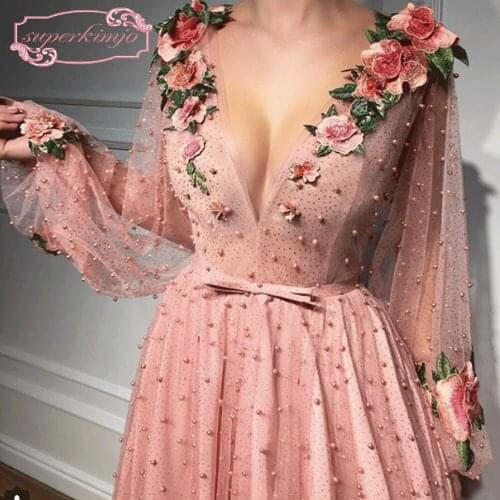 SuperKimJo 2020 Long Sleeve Prom Dresses Embroidery Lace Beaded Pink Prom Gown Arabic Vestido De Festa De Longo