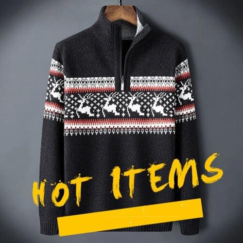 High Neck zipper Warm Winter Turtleneck Pullover Men Christmas deer Long Sleeve Sweater Knitwear Pullovers Knitted