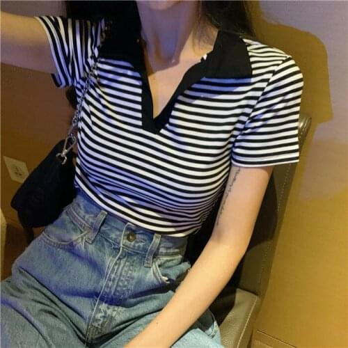 Thin Striped Short T-shirt Womens Summer New Style Korean Short-sleeved Tight-fitting Thin Top Trend