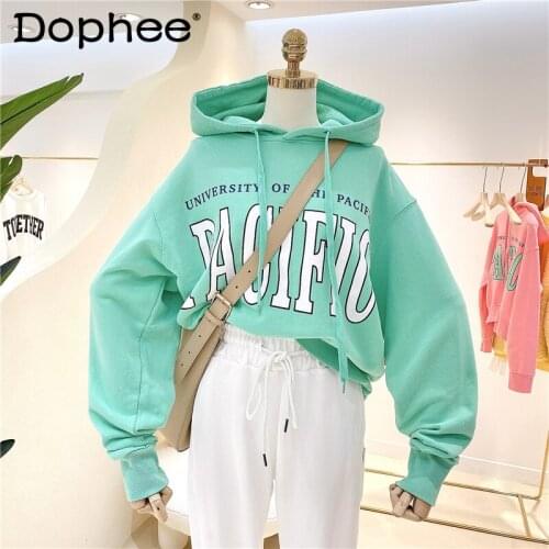 Spring All-Match Korean Retro Letters Short Top Slimming Fashion Lazy Terry Cotton Hooded Sweatshirts Womens Cropped Hoodies