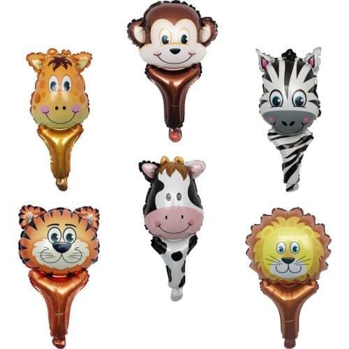 5PC Monkey tiger cow zebra deer lion animal holding stick balloon Foil balloons birthday party decorations kids globos baby show